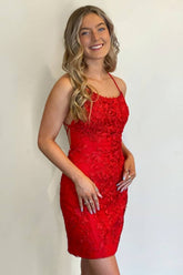 Misshow Sheath Spaghetti Straps Red Short Homecoming Dress/Mini Dress with Appliques